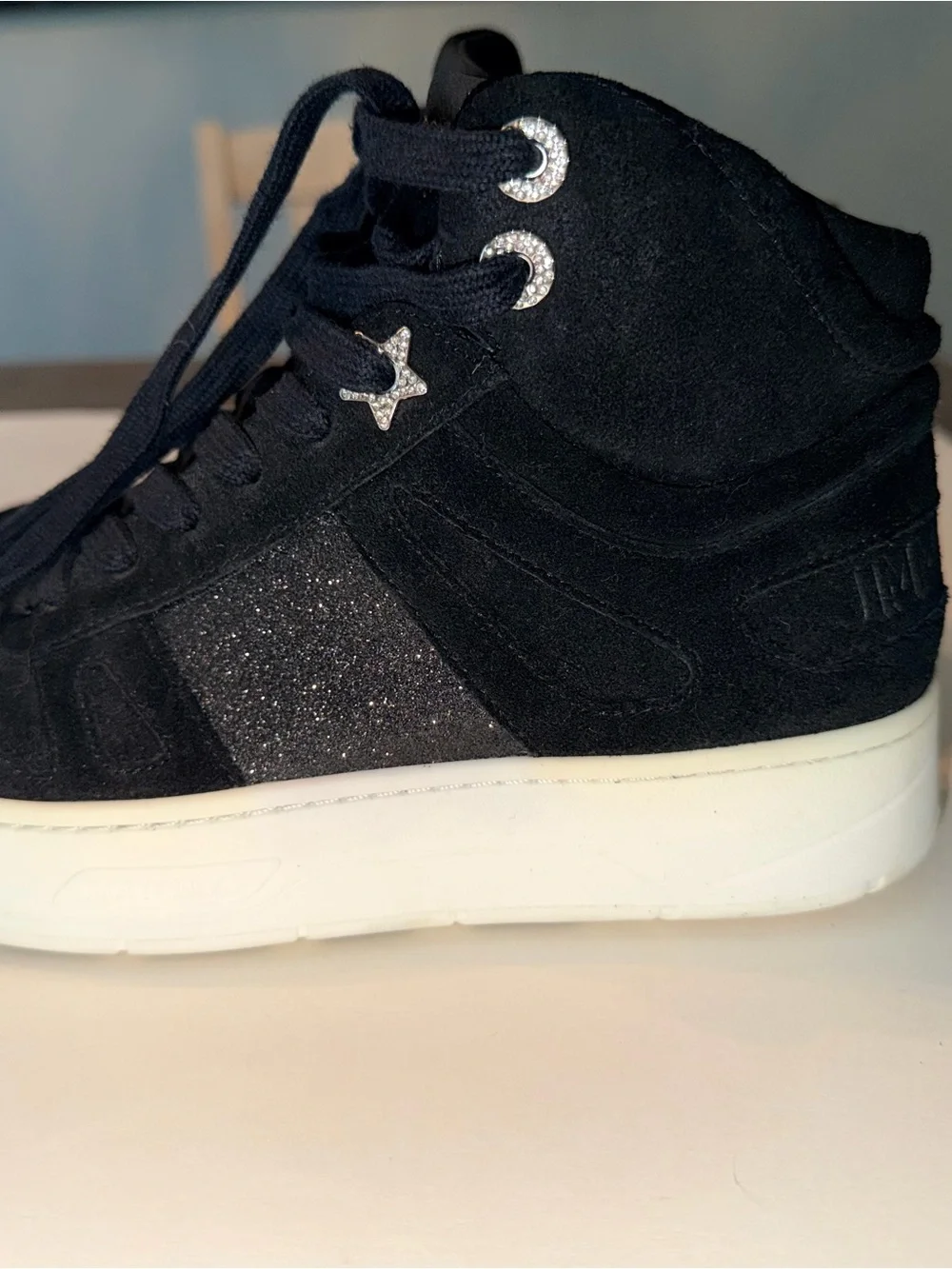 Jimmy Choo Black Glitter Hawaii High-Top Women’s Sneakers with Rhinestone Star